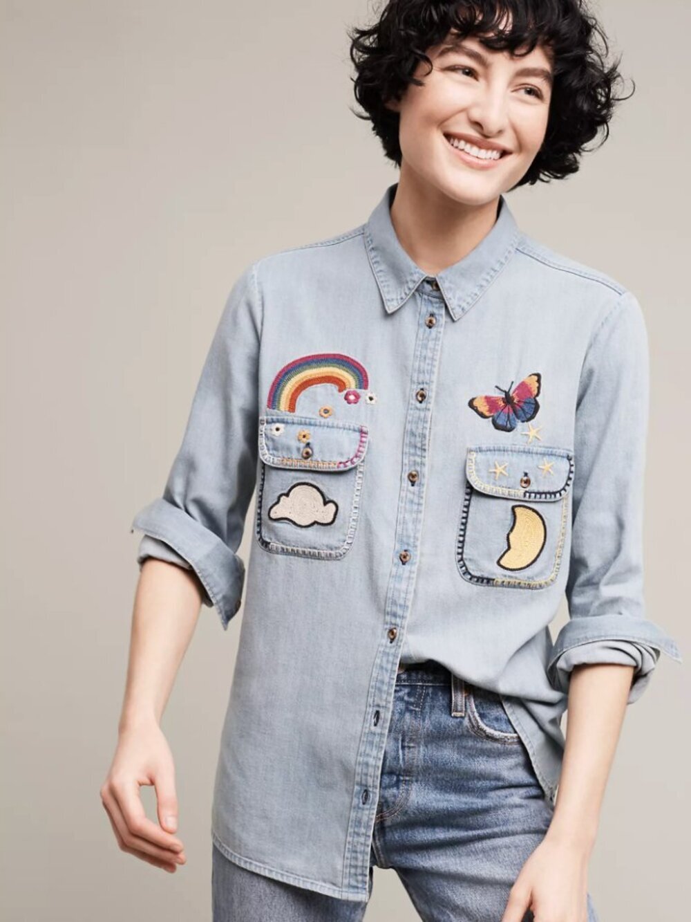 Holding Horses Anthropologie Embroidered Chambray Button Up Shirt, Blue, XS